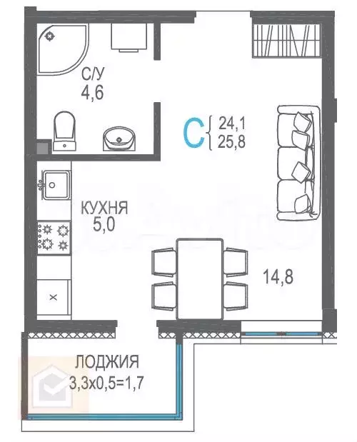 Квартира-студия, 27,4 м, 5/9 эт. - Фото 1