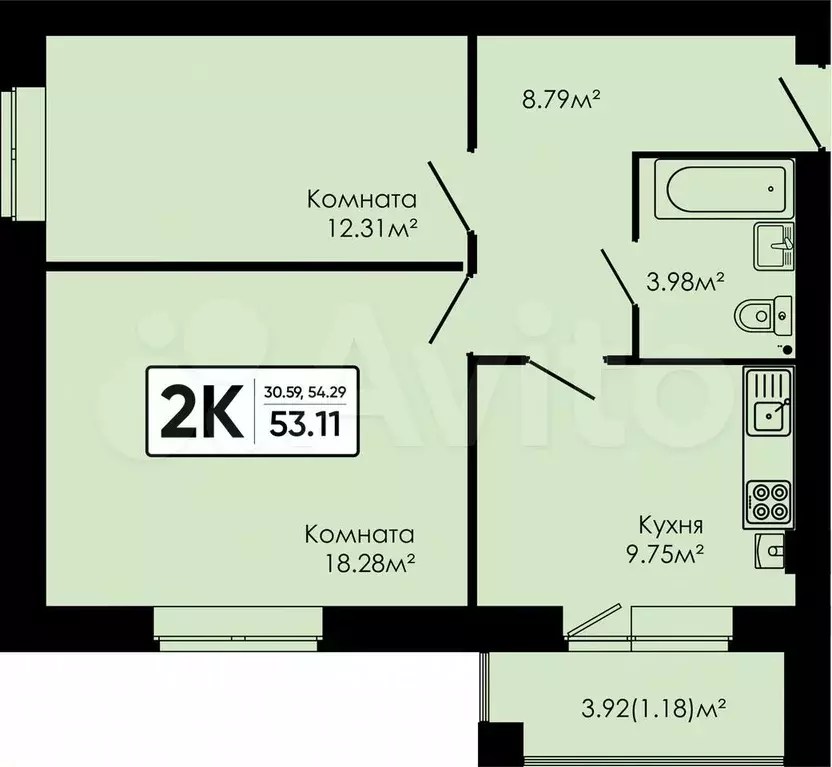 2-к. квартира, 53,1 м, 4/4 эт. - Фото 0