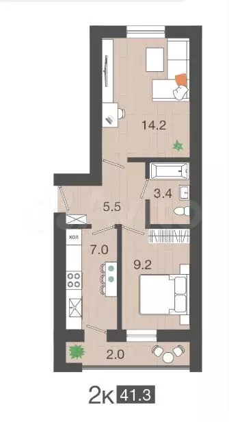2-к. квартира, 41,3 м, 4/4 эт. - Фото 1