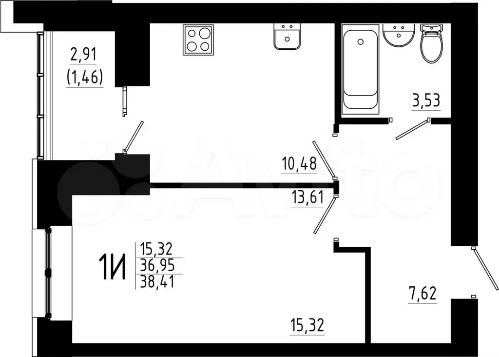 1-к. квартира, 38,4 м, 8/23 эт. - Фото 0