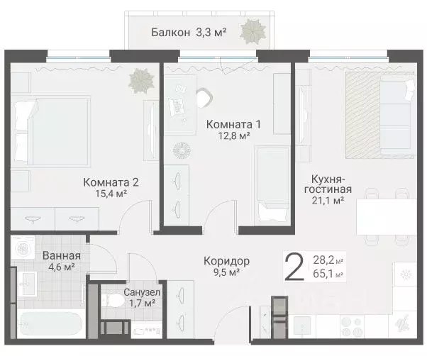 2-к кв. Санкт-Петербург Актерский проезд, 2к2 (65.1 м) - Фото 1