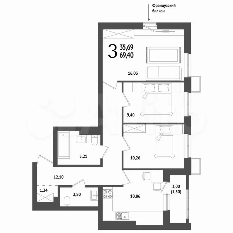 3-к. квартира, 69,3 м, 13/25 эт. - Фото 1