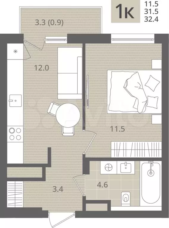 1-к. квартира, 32,4 м, 5/7 эт. - Фото 1