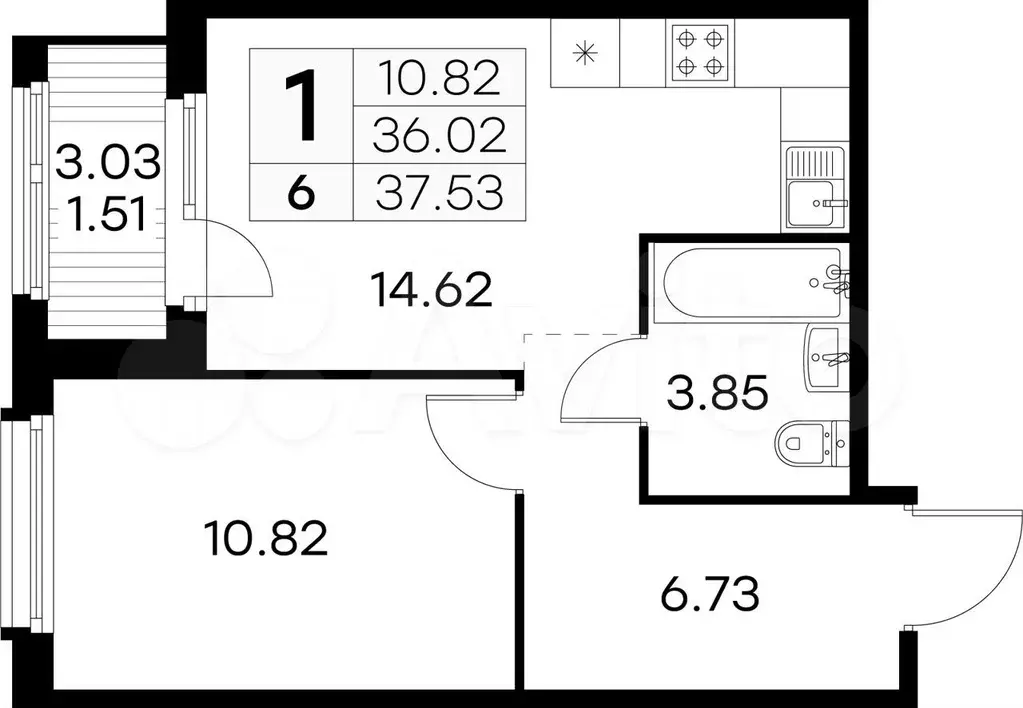 1-к. квартира, 37,5 м, 2/15 эт. - Фото 0