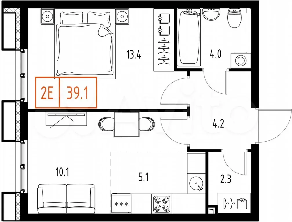 1-к. квартира, 39,1 м, 7/9 эт. - Фото 0