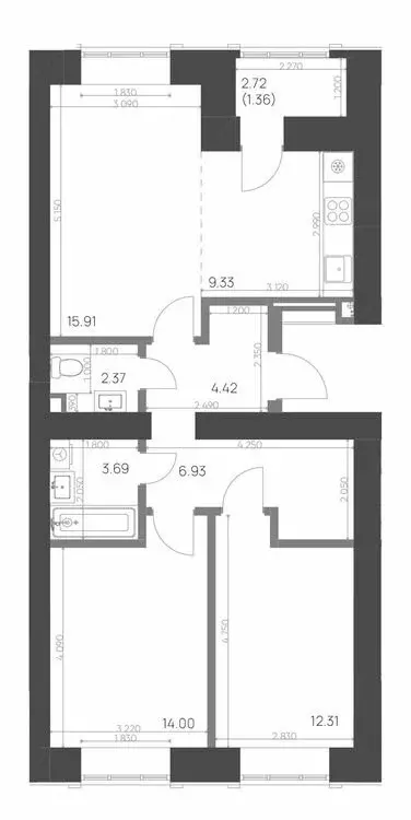 3-комнатная квартира: Нижнекамск, 15-й микрорайон, ЖК Калина (70.32 м) - Фото 0