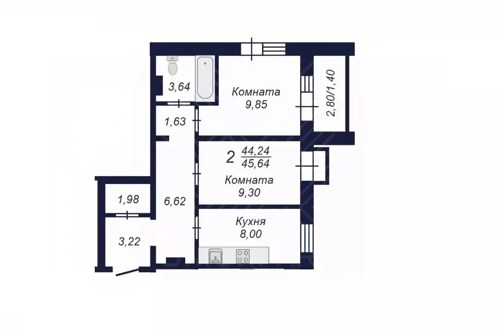 2-к кв. Челябинская область, Челябинск Заручейный кв-л,  (45.64 м) - Фото 1