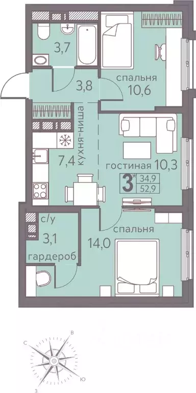 Студия Пермский край, Пермь ул. Серебристая, 5 (52.9 м) - Фото 1