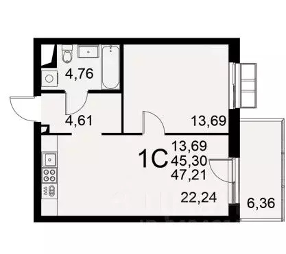 1-к кв. Тульская область, Тула Хлебная пл., 8 (47.21 м) - Фото 1