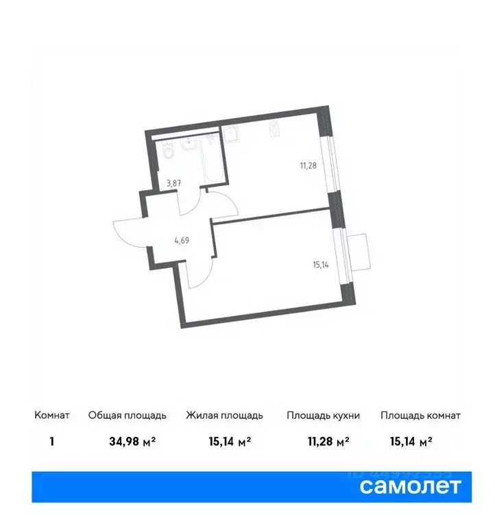 1-к кв. москва подольские кварталы жилой комплекс, к2 (34.98 м) - Фото 0