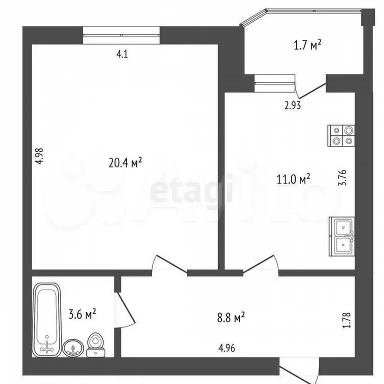 1-к. квартира, 43,8 м, 9/9 эт. - Фото 0
