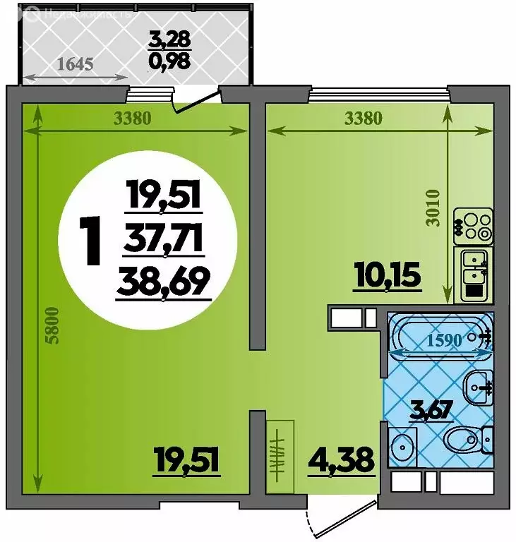 1-комнатная квартира: Республика Адыгея (Адыгея), Майкоп (38.69 м) - Фото 1