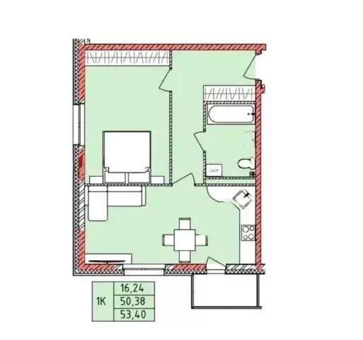 1-к квартира, 53.4 м - Фото 0