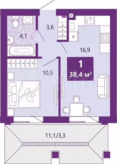 1-к. квартира, 38,4м, 2/4эт. - Фото 1