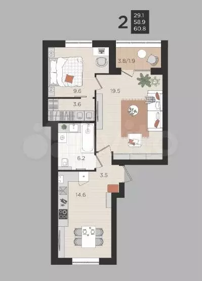 2-к. квартира, 58,9 м, 2/4 эт. - Фото 1