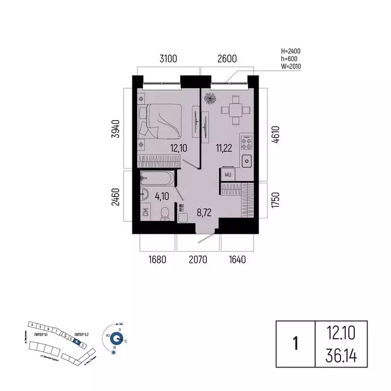 1-комнатная квартира: Уфа, улица Рудольфа Нуреева, 7 (36.14 м) - Фото 1