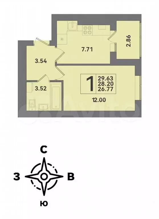 1-к. квартира, 29,6м, 3/10эт. - Фото 1