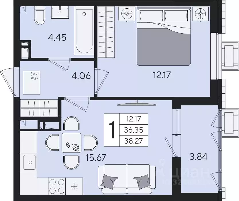 1-к кв. Краснодарский край, Краснодар  (38.27 м) - Фото 2