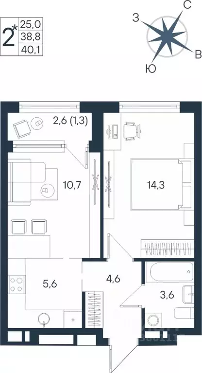 Студия Пермский край, Пермь ул. Космонавта Беляева, 17 (40.1 м) - Фото 1