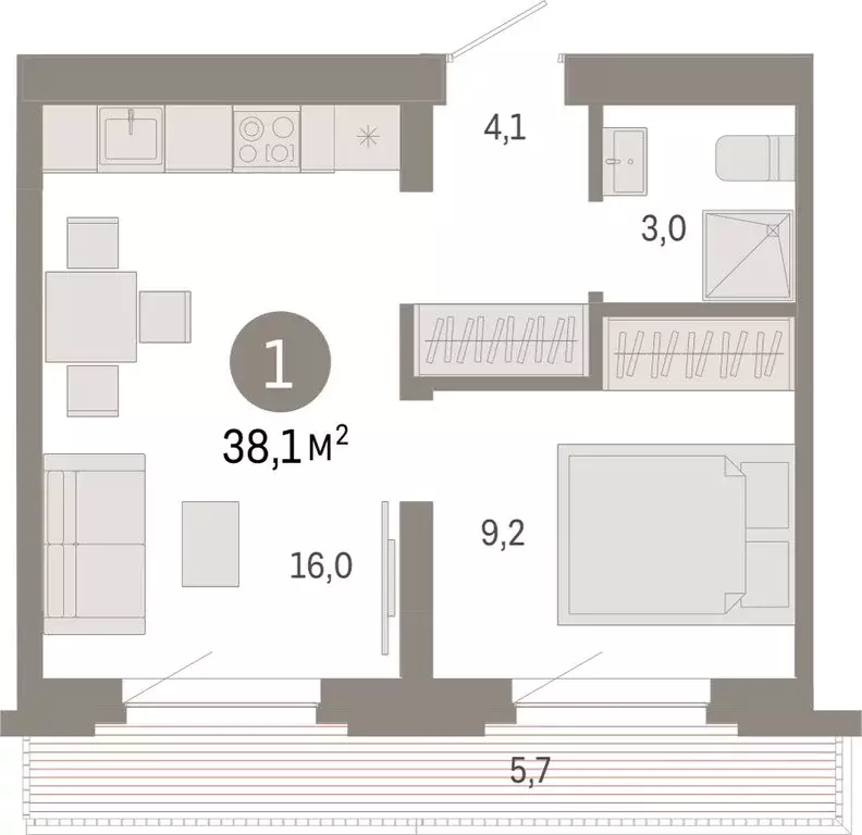 1-комнатная квартира: Тюмень, Причальная улица, 7 (38.05 м) - Фото 2
