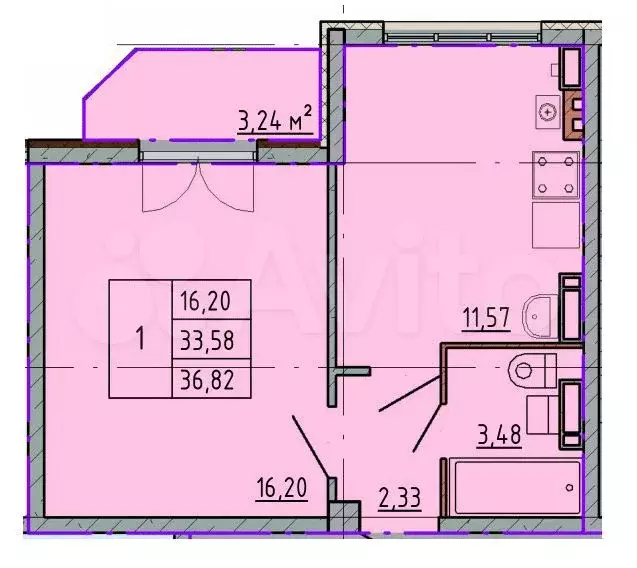 1-к. квартира, 36,8 м, 3/5 эт. - Фото 0