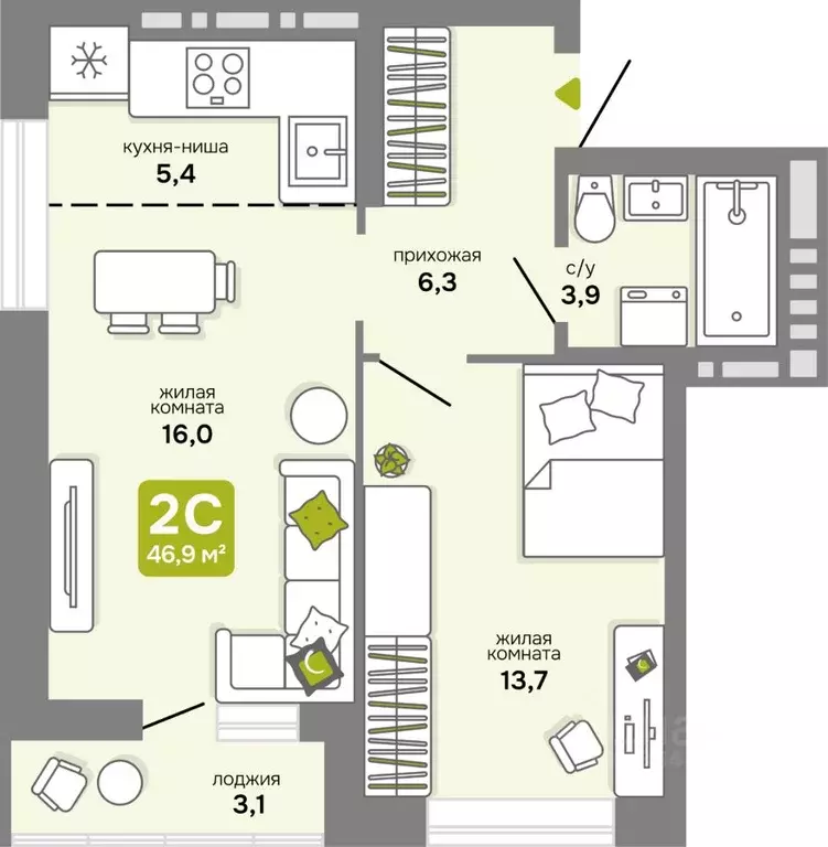2-к кв. Новосибирская область, Новосибирск ул. Костычева, 17 (46.9 м) - Фото 0