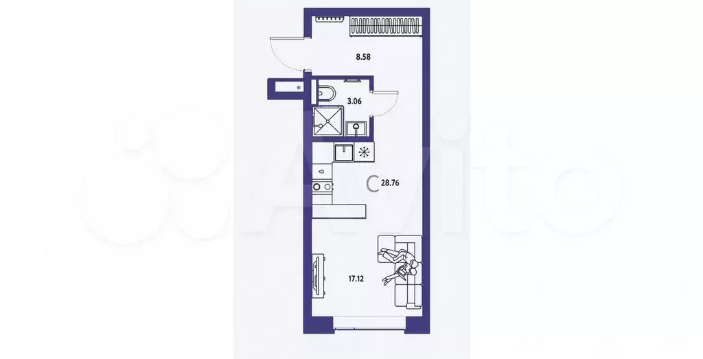 Квартира-студия, 28,8 м, 4/13 эт. - Фото 1