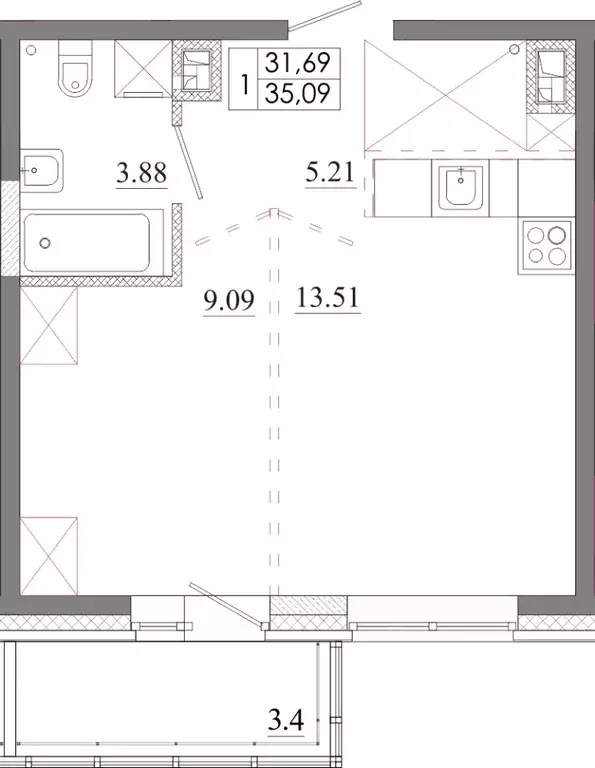 1-к кв. Иркутская область, Иркутск Ново-Ленино мкр,  (35.09 м) - Фото 0