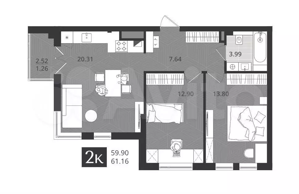 2-к. квартира, 59,9 м, 1/4 эт. - Фото 1