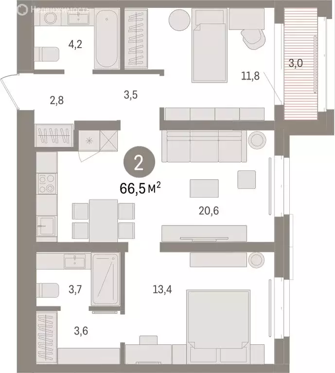 2-комнатная квартира: Тюмень, жилой комплекс На Минской (66.49 м) - Фото 1