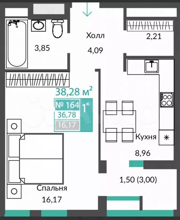 1-к. квартира, 38,8 м, 8/12 эт. - Фото 1