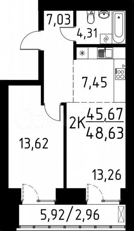 2-к. квартира, 48,6 м, 2/13 эт. - Фото 0