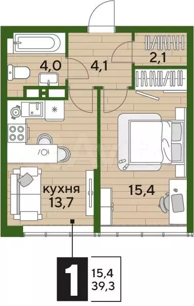 1-к. квартира, 39,3м, 15/16эт. - Фото 1