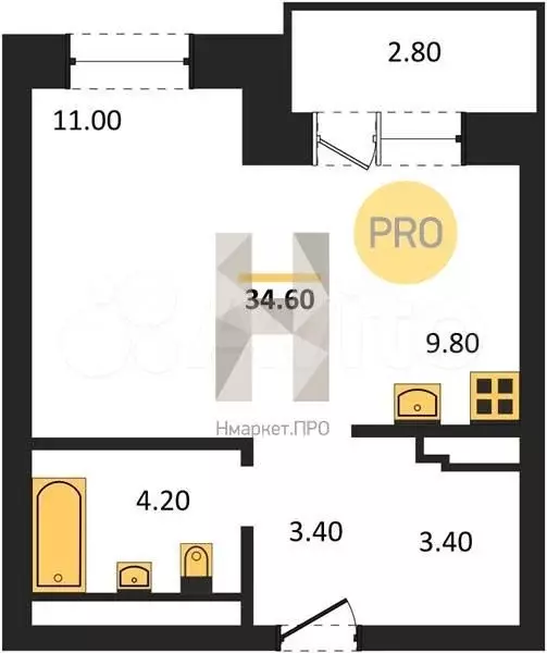 Квартира-студия, 34,6м, 7/21эт. - Фото 1