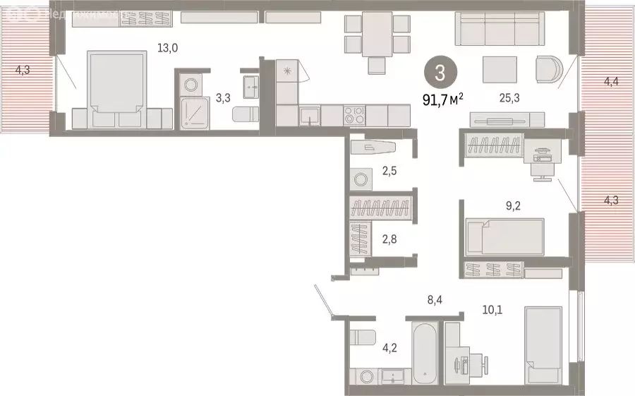 3-комнатная квартира: Омск, Кировский округ (91.73 м) - Фото 1