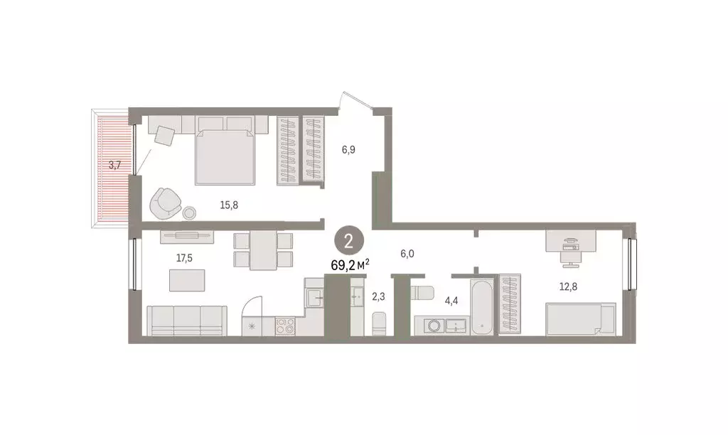 2-комнатная квартира: Тюмень, улица Павла Фитина, 3 (68.11 м) - Фото 1