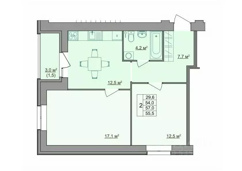 2-к кв. Костромская область, Кострома Магистральная ул., 49А (55.5 м) - Фото 1