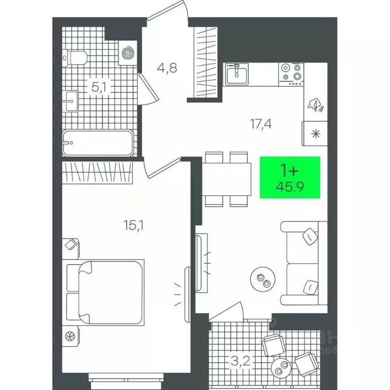 1-к кв. Тюменская область, Тюмень ул. Василия Малкова, 19 (45.96 м) - Фото 0