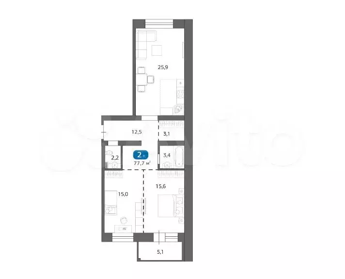 2-к. квартира, 78 м, 5/6 эт. - Фото 1