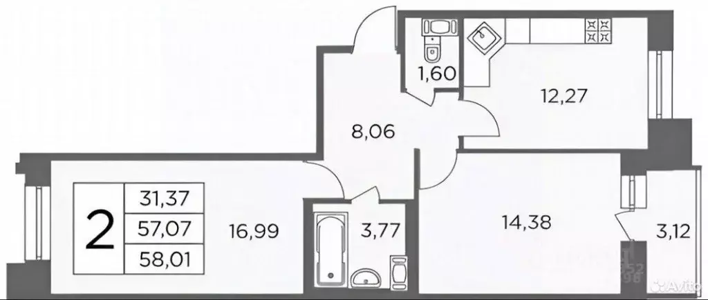 2-к кв. Санкт-Петербург ул. Александра Матросова, 8к1 (55.0 м) - Фото 2