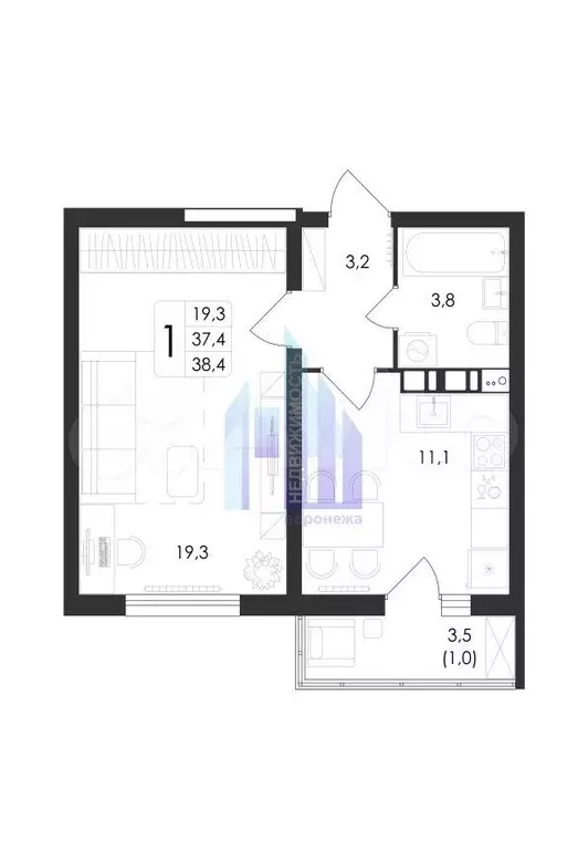 1-к. квартира, 38 м, 2/7 эт. - Фото 0