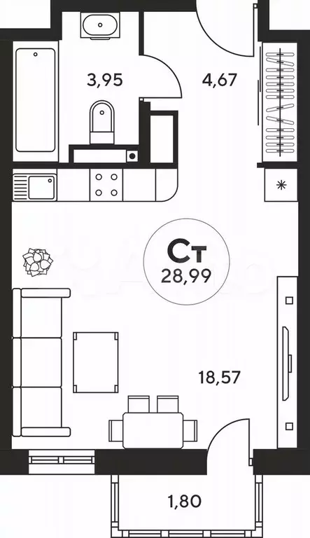 Квартира-студия, 29 м, 20/25 эт. - Фото 1
