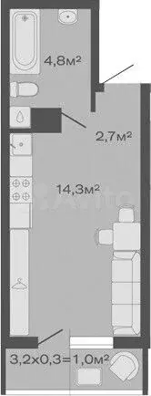Квартира-студия, 22,8 м, 1/4 эт. - Фото 1
