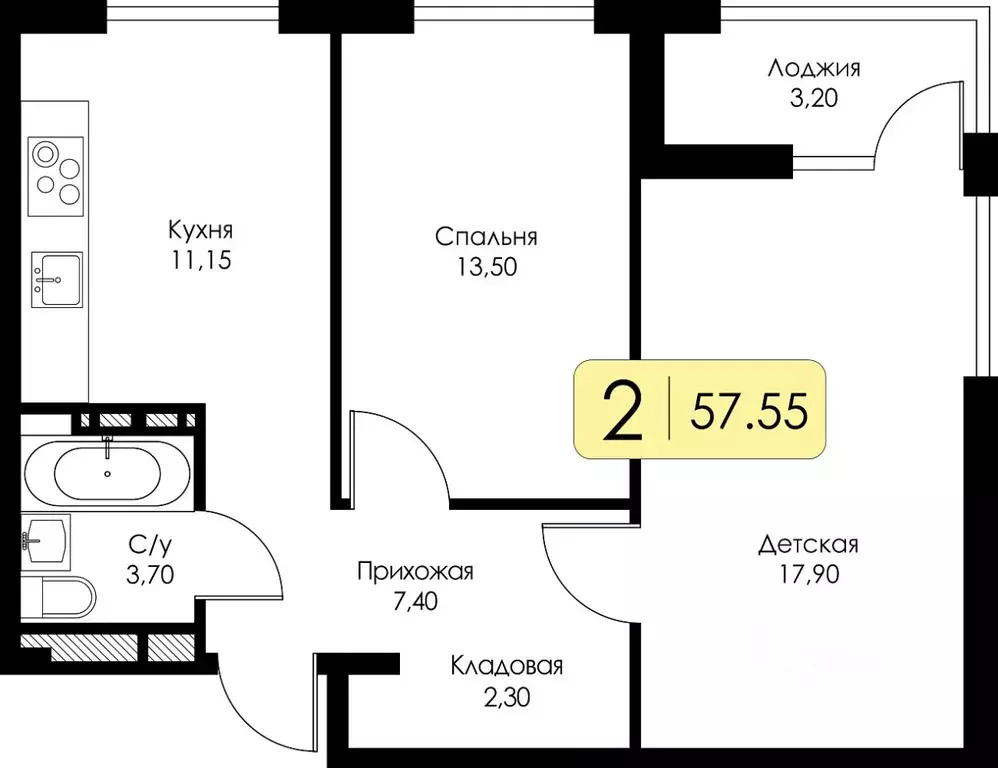 2-к кв. Смоленская область, Смоленск Среда жилой комплекс (57.55 м) - Фото 0