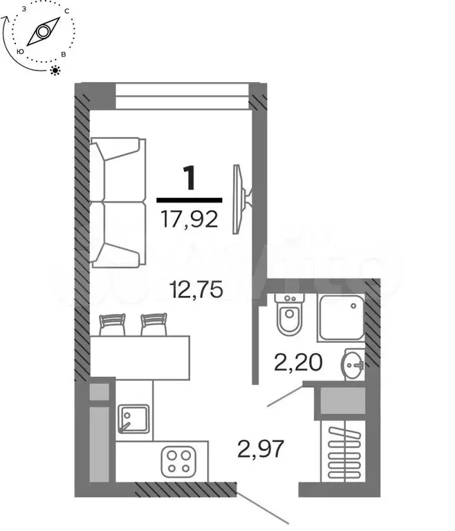 1-к. квартира, 17,9 м, 23/25 эт. - Фото 0