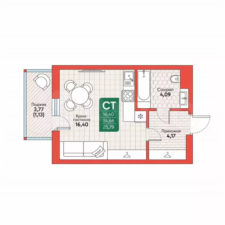 Квартира-студия, 25,8 м, 6/12 эт. - Фото 1