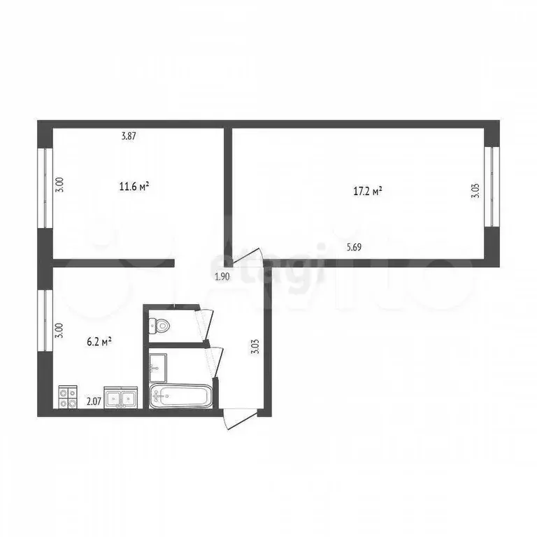 2-к. квартира, 42,8 м, 1/5 эт. - Фото 0