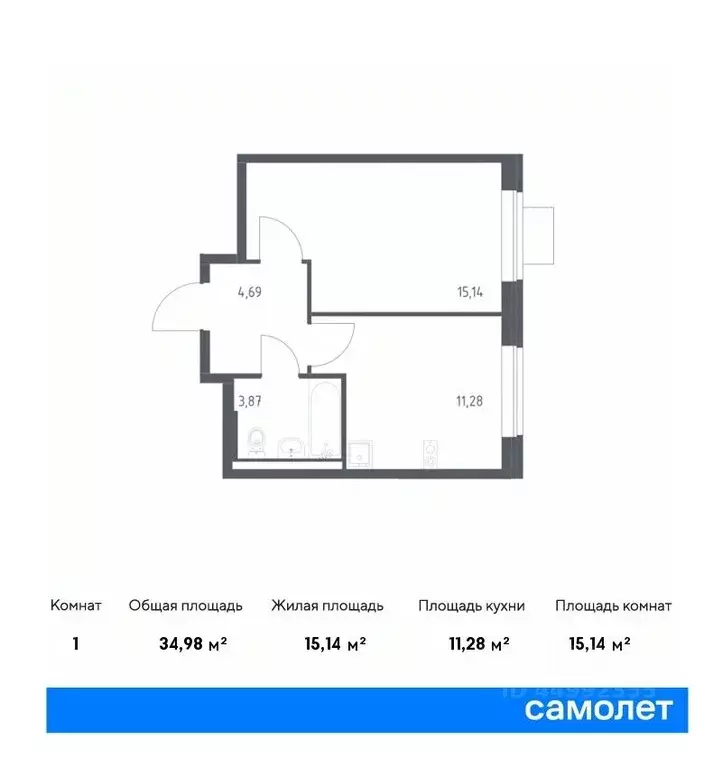 1-к кв. Москва Подольские Кварталы жилой комплекс, к2 (34.98 м) - Фото 0