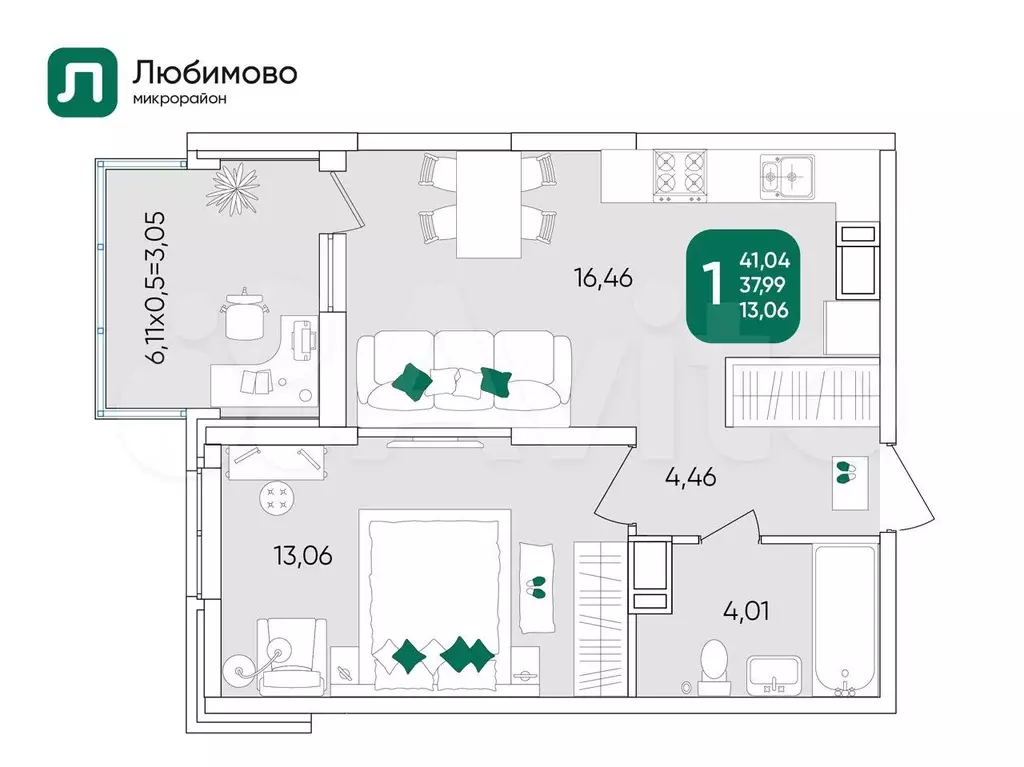 1-к. квартира, 41м, 3/24эт. - Фото 0