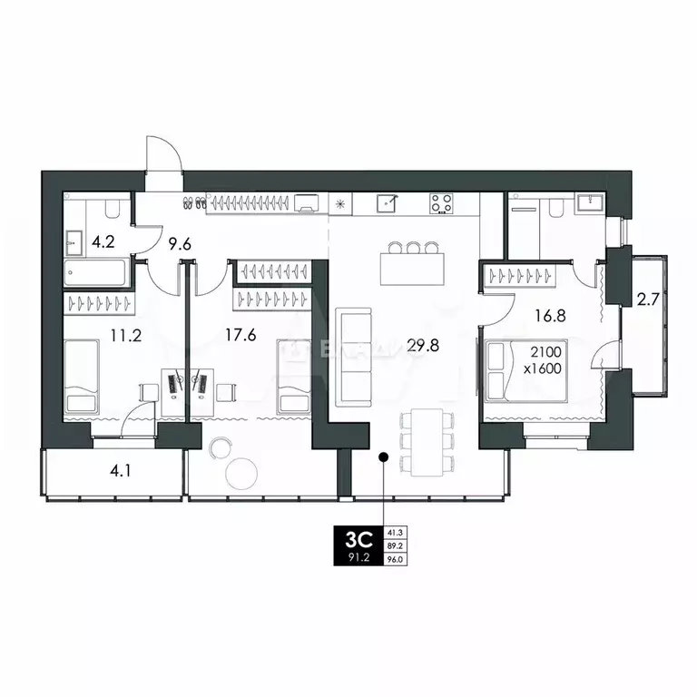 3-к. квартира, 91,2 м, 9/16 эт. - Фото 0